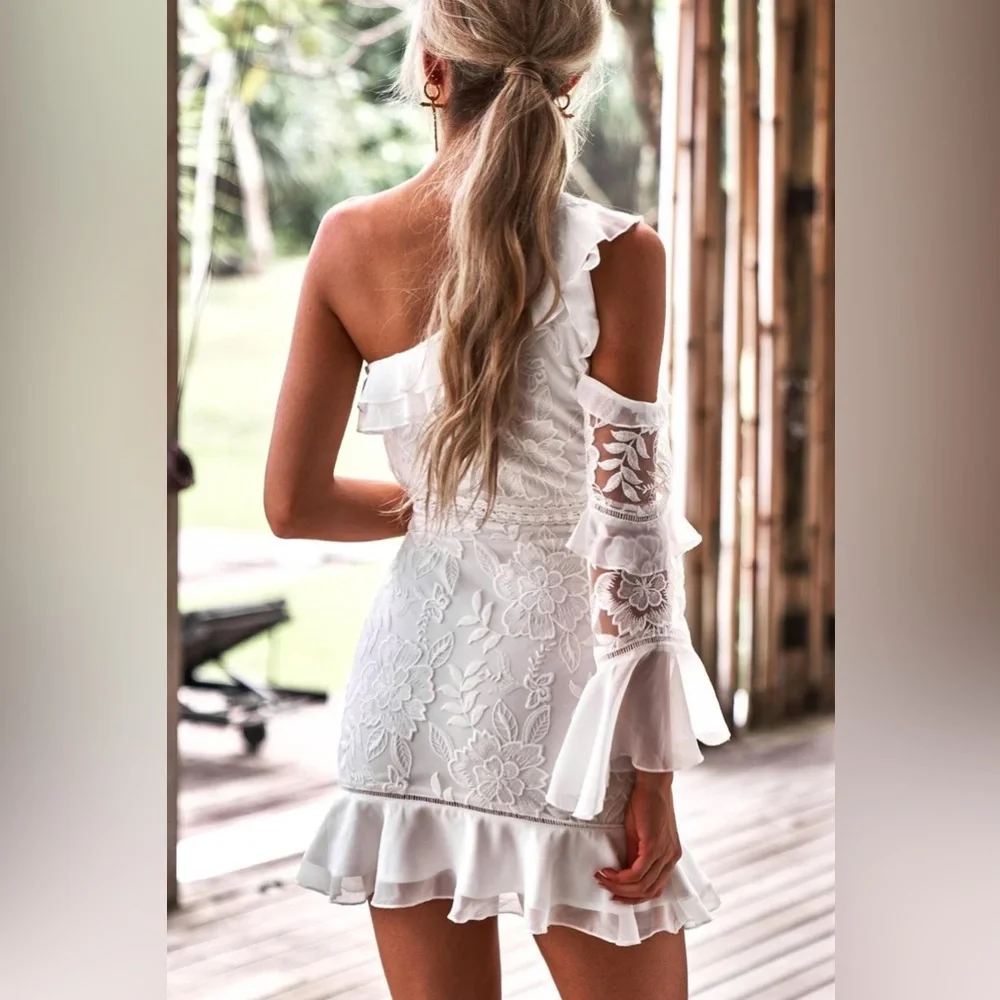 White One Shoulder Ruffled Dress - Picture 2 of 5